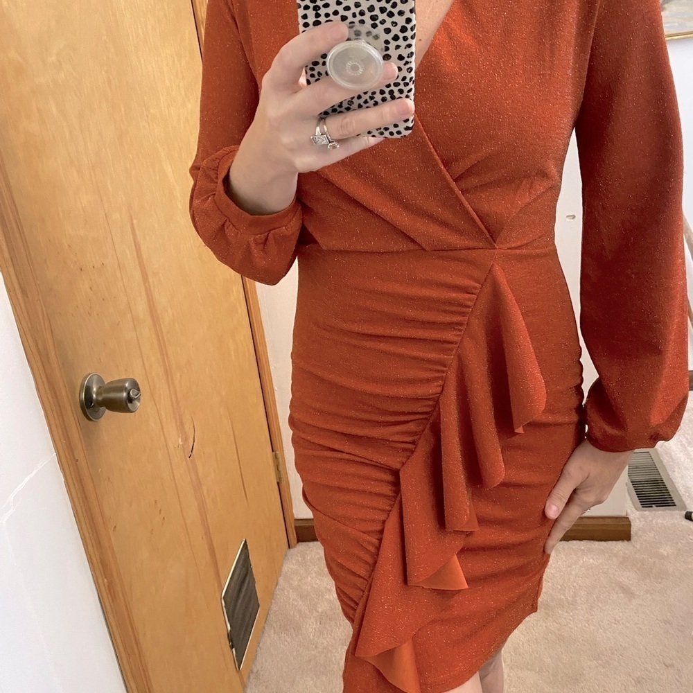 Copper Metallic Ruffle Long Sleeve Flirty Dress